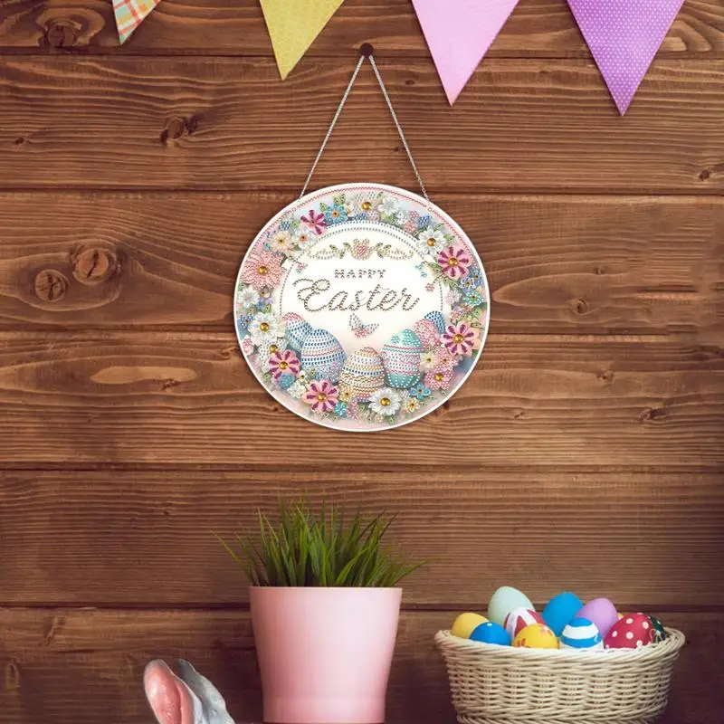 Easter Eggs Rhinestones Painting Sign Easter Door Hanger Crystal Sign Happy Easter Egg Flower Ornament Sign For Spring Easter