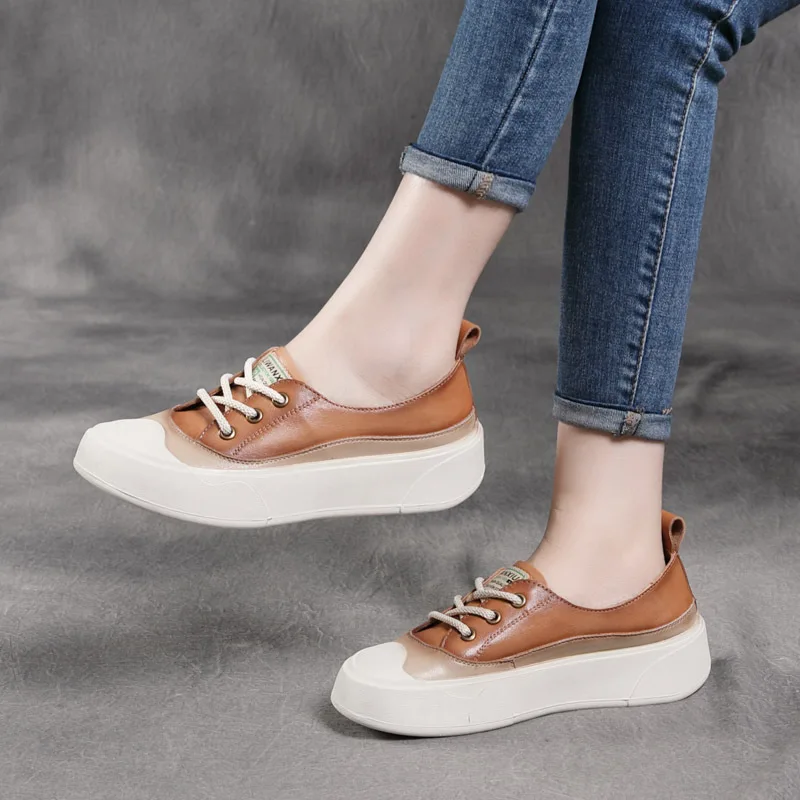 Jishuxia New Casual Retro First Layer Cowhide Platform  Mid-Mouth Leather   Flat Soft Bottom