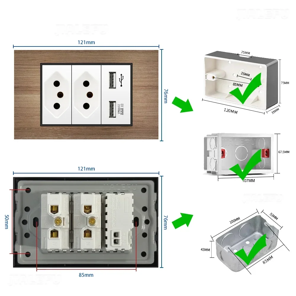 Aluminum Brushed Imitation Wood Grain Panel Brazil Standard Socket Dual USB Type C Wall Mounted Power Socket Light 10A 20A