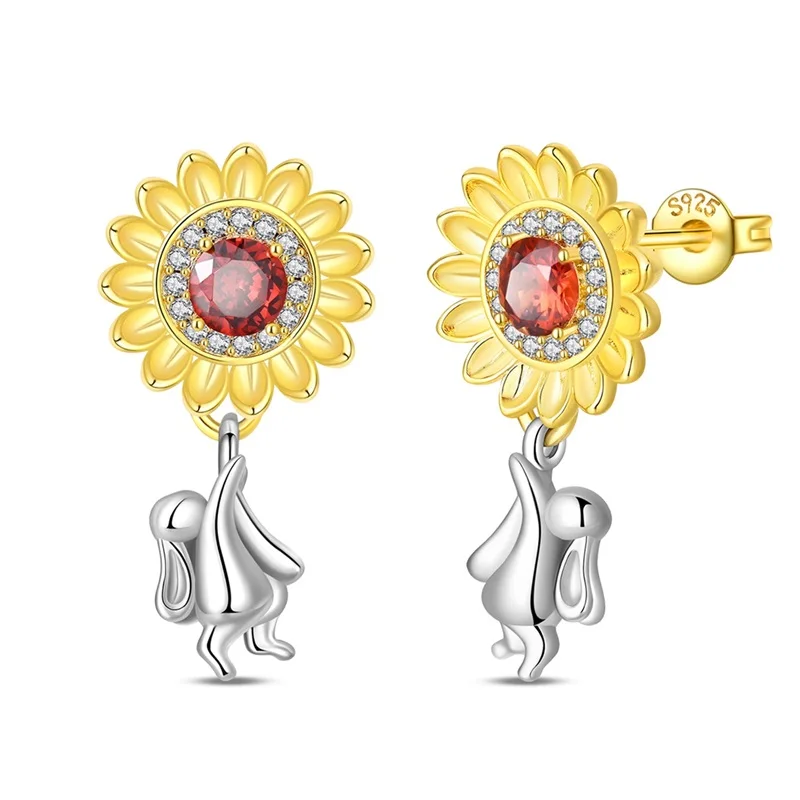 

New 925 Sterling Silver Little Rabbit Sunflower Women Earrings Brilliant Wedding Engagement Star Earrings Jewelry Gift