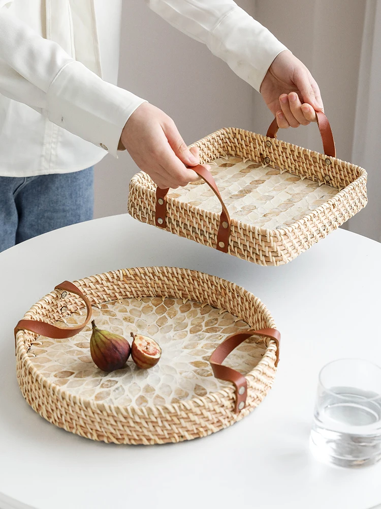 

American natural shell rattan storage basket home creative tea table tray light luxury senior sense fruit tray bread basket