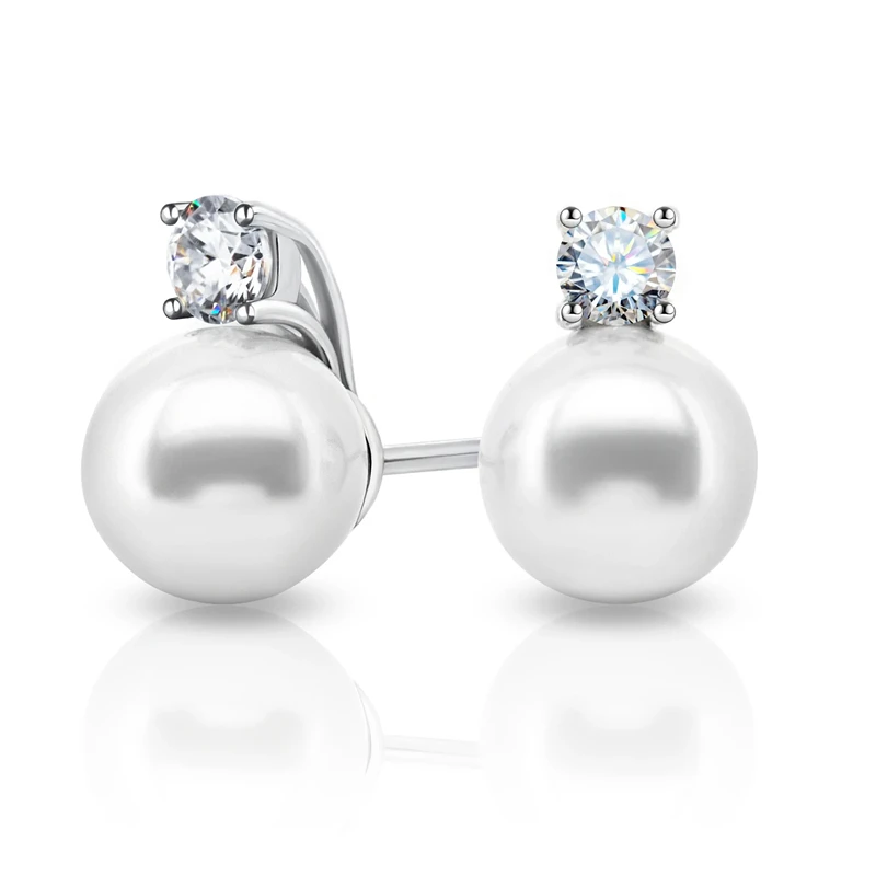 GIGAJEWE 3mm white color Round Moissanite and 7mm Freshwater Pearl 925 Silver stud Earring 18K Gold Plated Jewelry