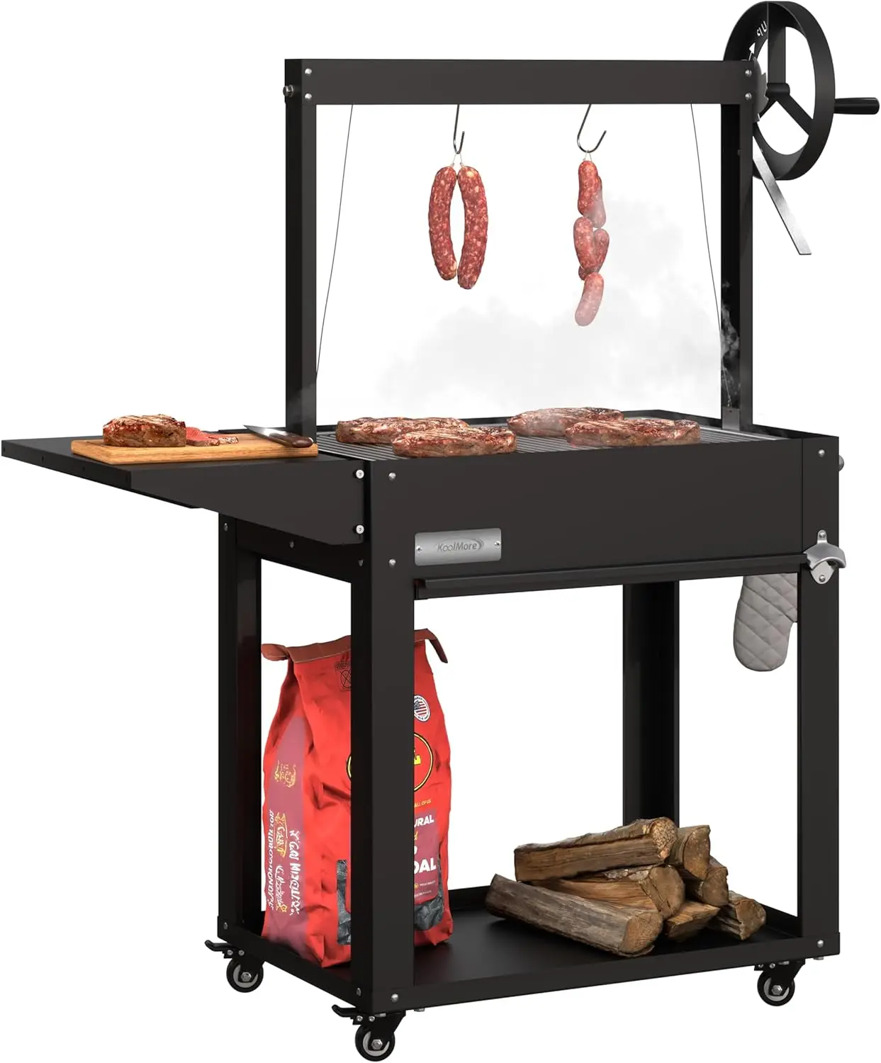 Heavy Duty Argentine Style Outdoor Charcoal BBQ Grill, 50 Inch, with Adjustable Cooking Grate, Black
