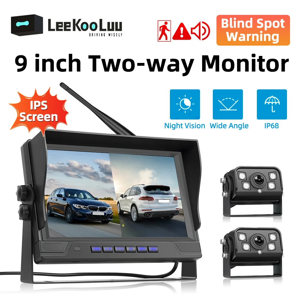 

LeeKooLuu 9" IPS Display Monitor Wireless Reverse Camera Infrared Night Vision Car Rear View Camera With Recording BSD 2 Cameras