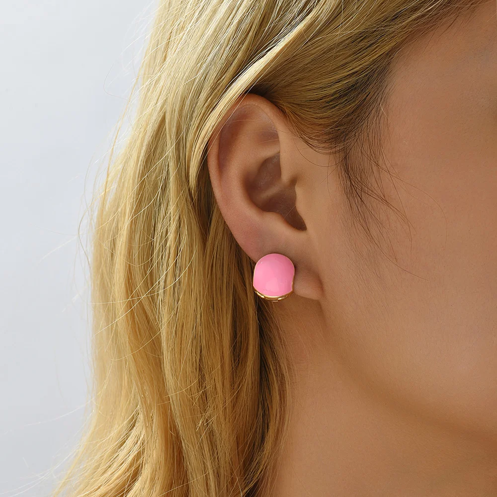 Japan Korea Cute Pink Round Stud Earrings Women Fashion Creative Design Enamel Color Small Ball Piercing Ear Ring Summer Jewelry