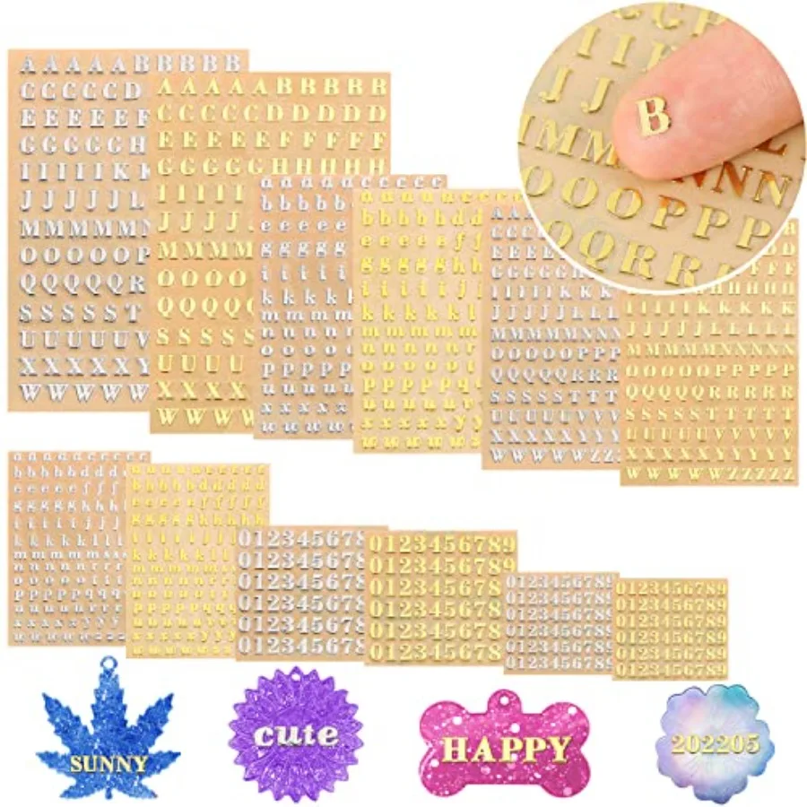 

12 Pcs Mini Alphabet Number Stickers - Alloy Self Adhesive Letters for Epoxy Resin Casting Decoration, Glitter Gold and Silver