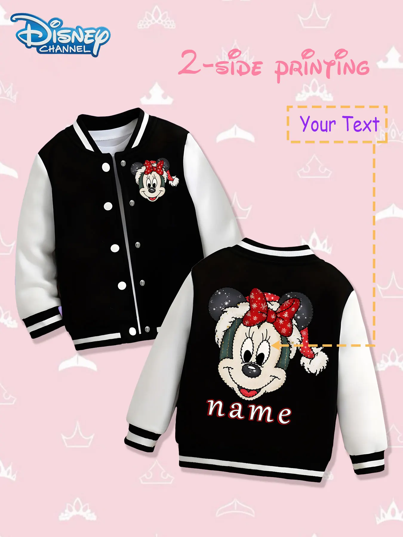 

MINISO Disney Christmas Minnie Girls Baseball Jacket - Double-sided holiday print, warm and sweet in autumn and winter, suitable