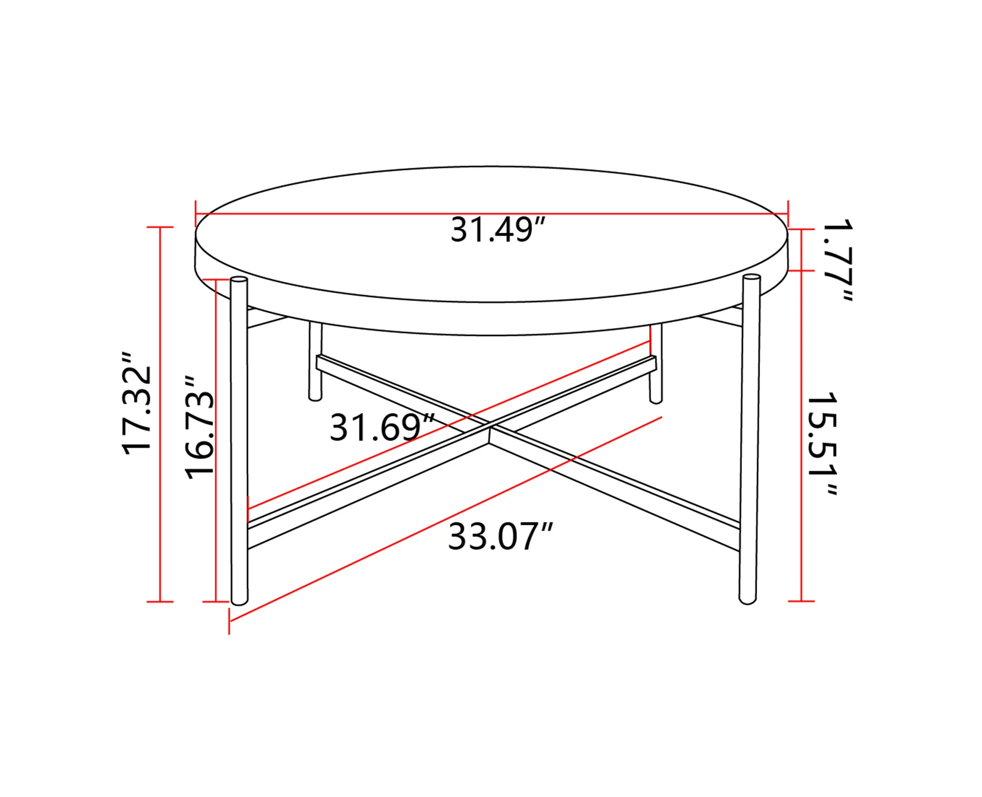 [Vente flash] 33 " / 20" Moderne Fil Design Table Basse Ronde Côté NW Dessus de Table avec Pieds Croisés Base En Métal [US-W]