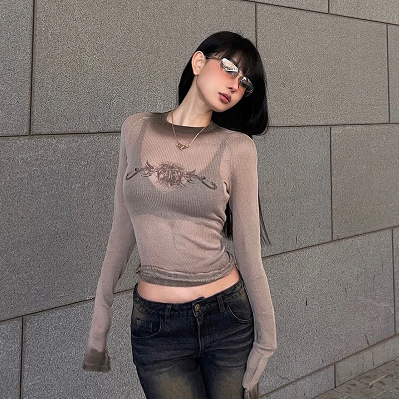 CUTENOVA Autumn Round Collar Full Sleeves Graphic Slimfit Pullover Shirt Sexy Mesh Sheering Girls Streetwear Skinny Blouse Top