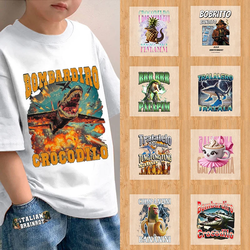 Tralalero Tralala Heat Transfer Stickers Cartoon Tungtung Sahur Brainrot Iron on Patches Kids Clothes School Bags DIY Appliques