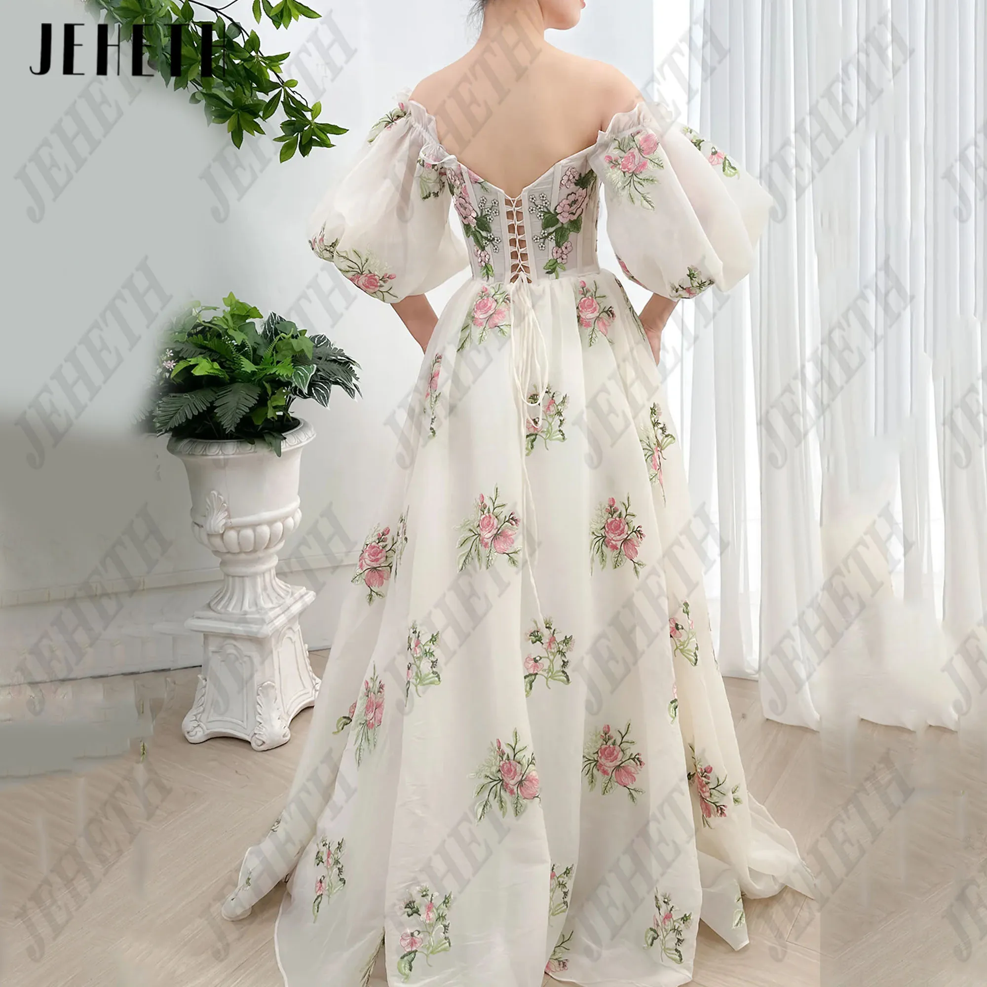 JEHETH Lace Long Prom Dress A-Line Flowers Evening Party Gowns Floral Print Corset vestidos de gala Puff Sleeves Sweetheart