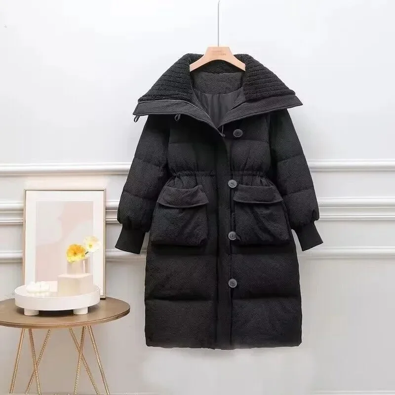 Winter Female Big Collar Cotton Padded Coat Korean Lady Long Sleeves Puffer Jacket Women Medium Long Styles Down Cotton Outwear