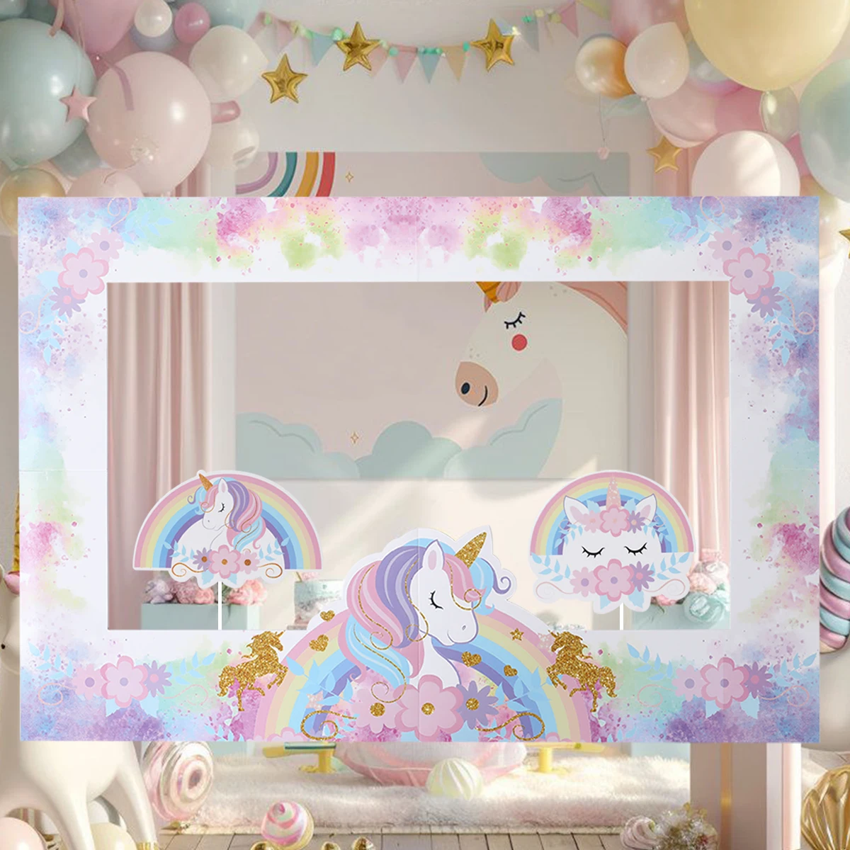 Jednorożec impreza tematyczna papierowa ramka do fotobudki dziewczyny urodziny strzelanie tło rekwizyty ślub wieczór panieński wystrój Baby Shower — zdjęcie 4