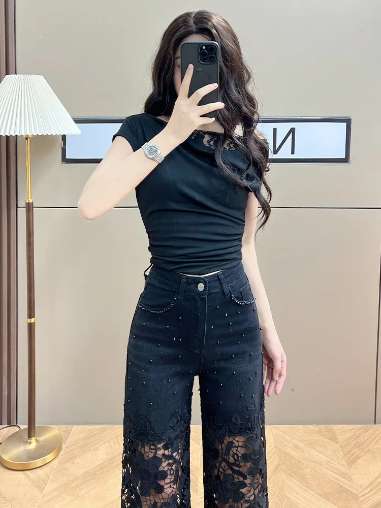 2025 여성 패치워크 진주 레이스 속이 비치는 바지 봄 여름 솔리드 컬러 하이웨이스트 와이드 레그 팬츠 여성 스트레이트 트라우저