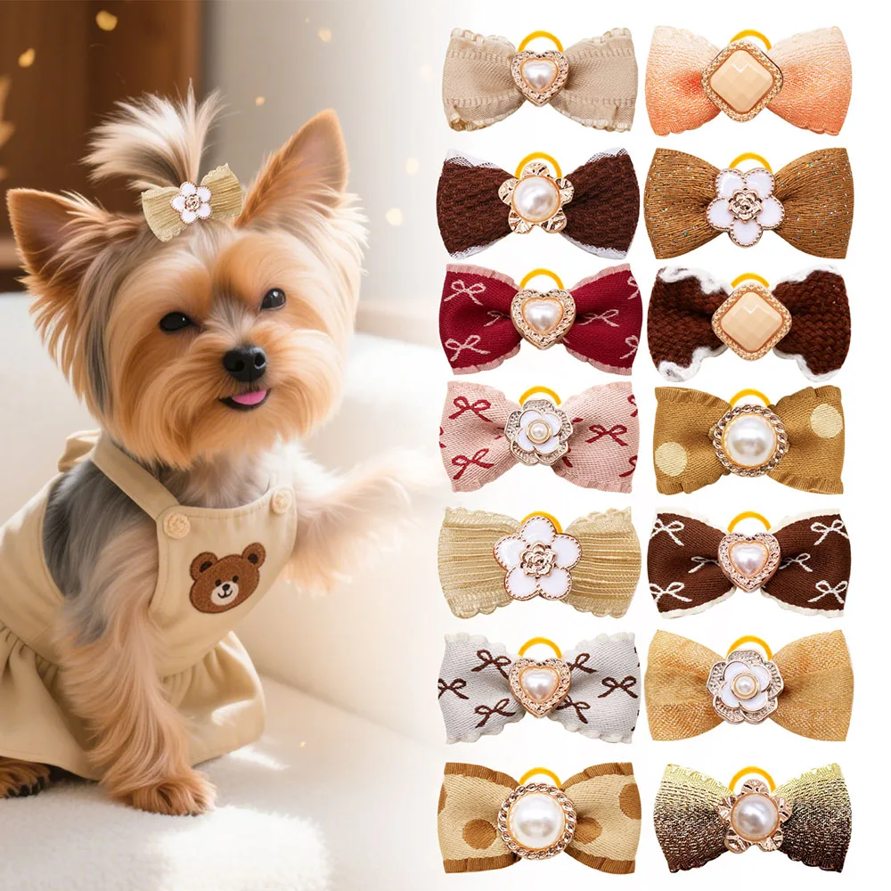 

20PCS Pearl Dog Bows With Rubber Bands 2025new Winter Puppy Bows Hair Accessories For Dogs Brown Dog Bowknots Pet Dog Supplies