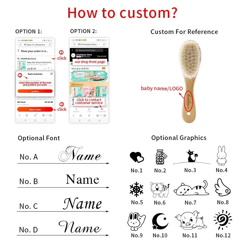 Baby Hair Brush Personalized Logo for Newborn Wooden Comb for Hair Soft Wool Wood Hair Brush and Comb Set for Baby Girls Boys