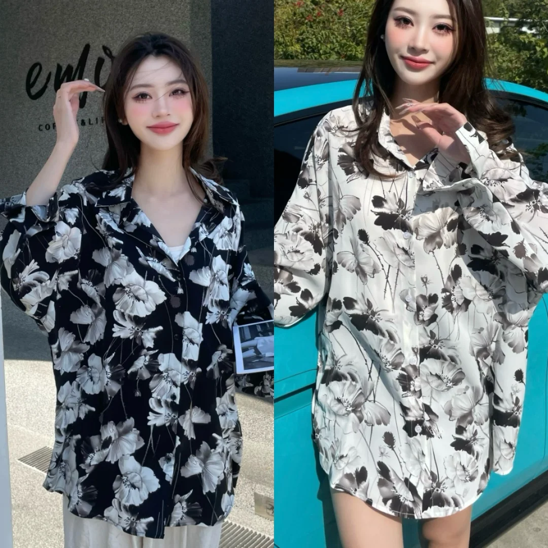 Superaen manga comprida americano retro oversize solto preto branco impresso camisa casual elegante 2025 verão novas camisas de design feminino