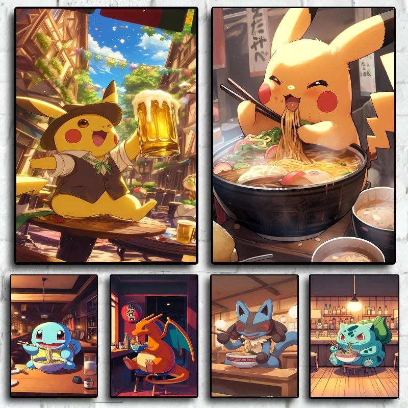 

Hot Anime Poster Pokemon Pikachu Eat Food Cartoon Picture Canvas Painting Not Fading Classic Home Noodle Restauran Wall Decor