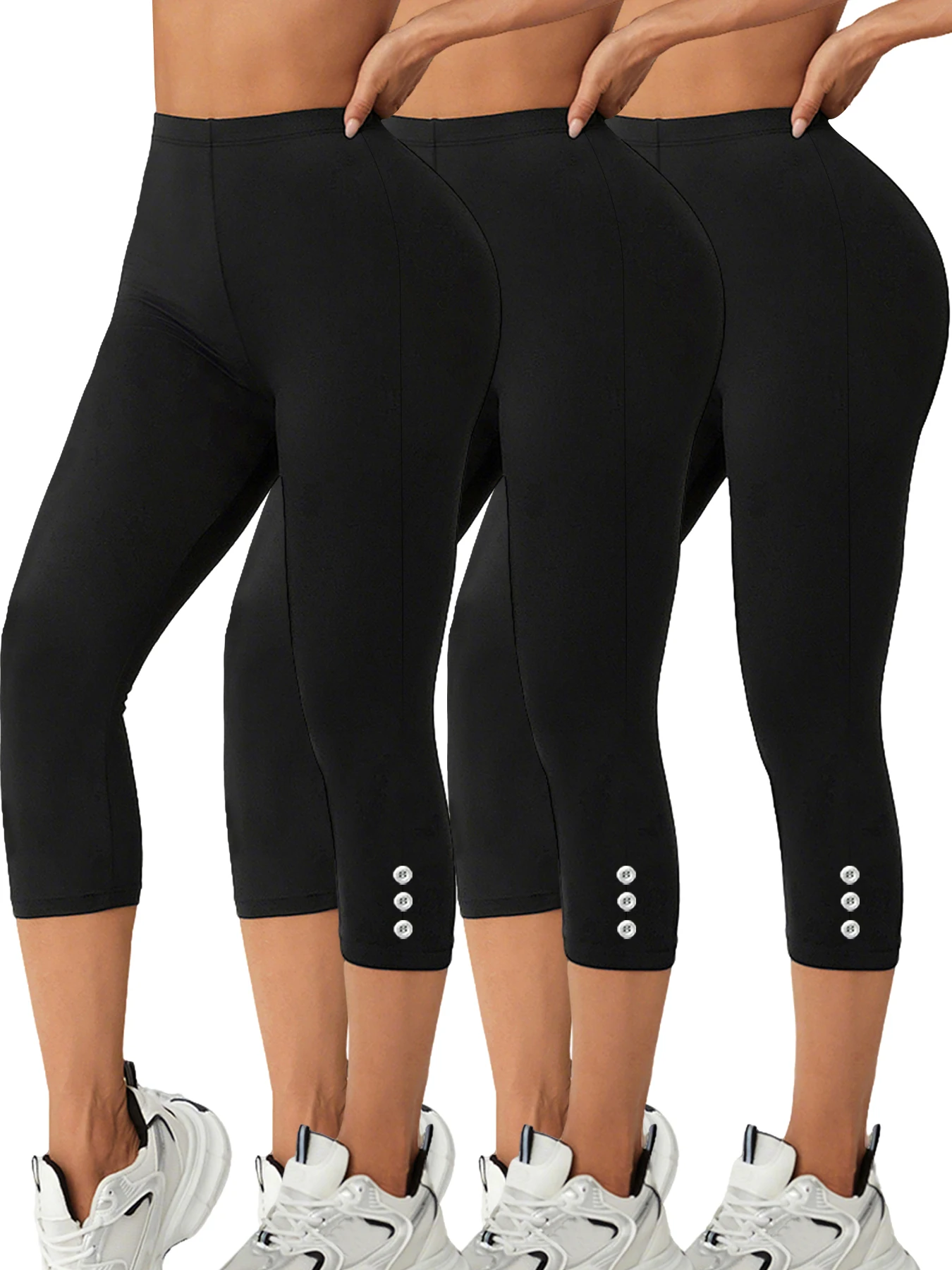 

Women's 3 PACK Super Soft Capri Pants With Side Button Detail, No See Through Workout Running Yoga Athletic Leggings