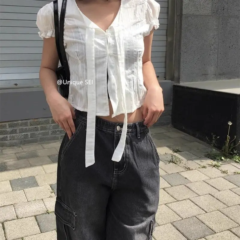 

Woman Blouses White Summer Top Office Wear Woman Sweet Puff Sleeve Lace Up Shirt Summer Blouse Cropped Korean Popular Clothes