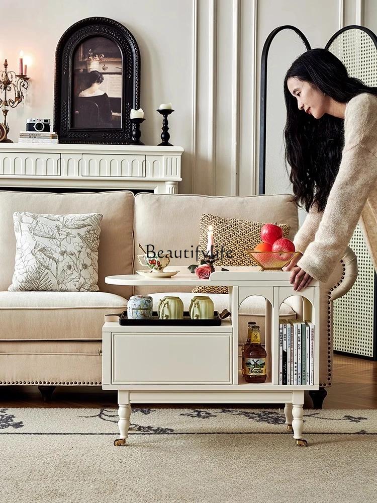 

01Cream wind sofa removable side table small coffee table side cabinet living room trolley solid wood