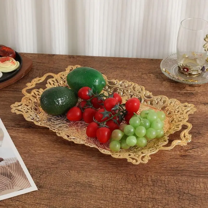 Artistic Rectangular Platter Metal Tray With Intricate Pattern Storage Dish For Dining Table And Living Room JOMD