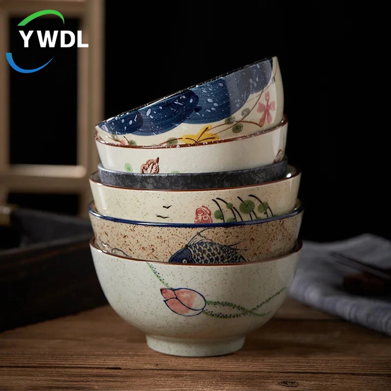 YWDL 5inch Ceramic Rice Bowl Japanese Retro Style Cereal Soup Dessert Snack Bowl Kitchen Tableware Microwave Safe 1pc