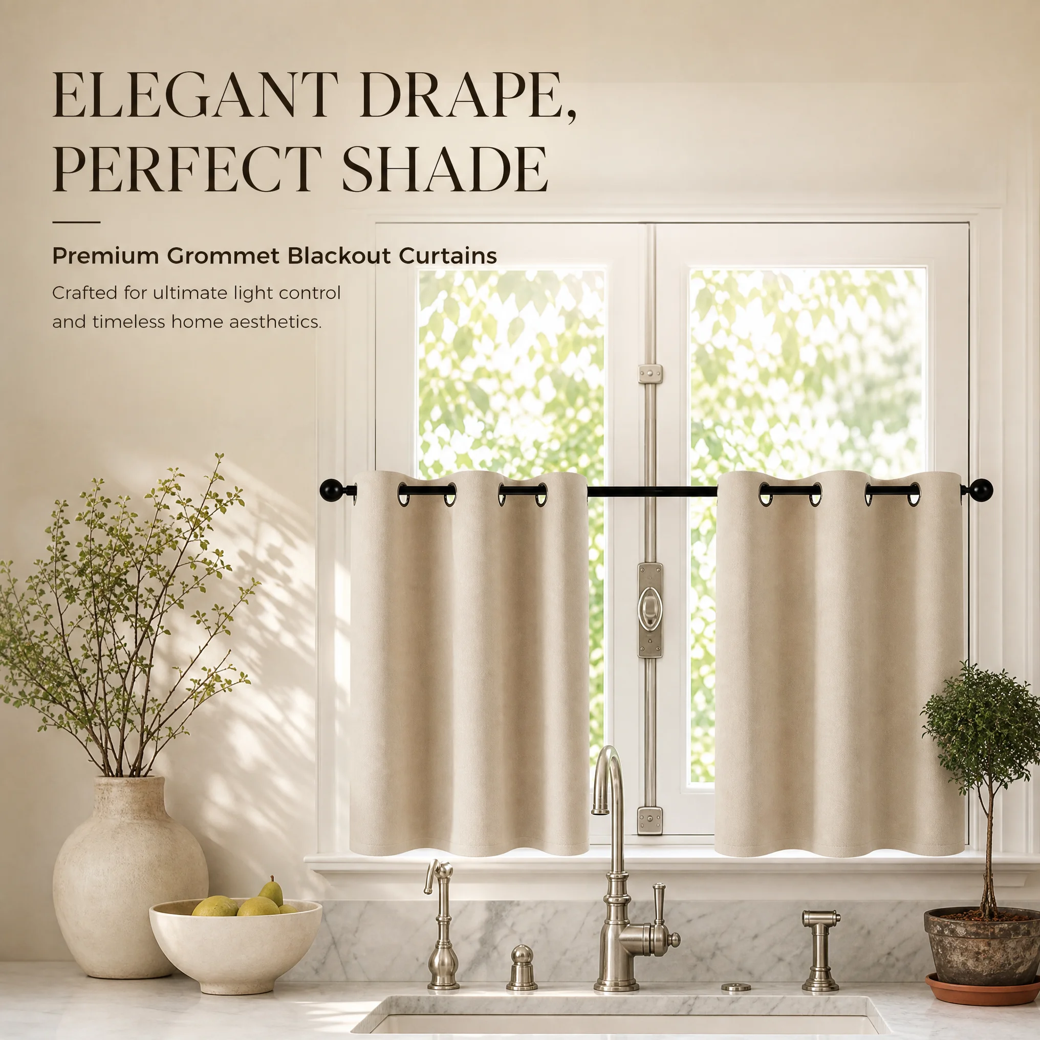 Double-Sided Matte Blackout Short Tier Curtains, 100% Polyester UV Blocking Fabric, Modern Solid Valance for Kitchen & Bath