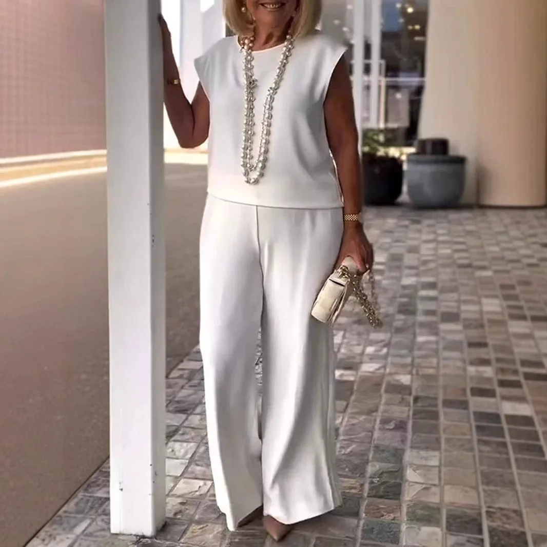 

Office Elegant Women's Two Pieces Set Spring Summer New Round Neck Sleeveless Top And Pants Set Lady High Waist Straight Outfits