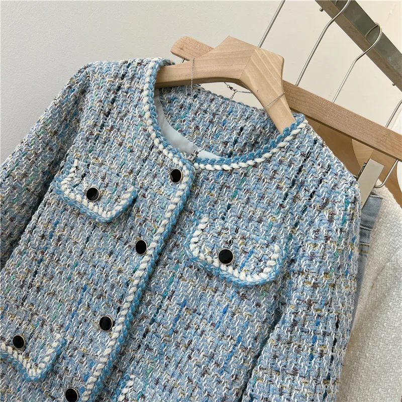 Women\'s Spring Autumn Jackets 2023 New Temperament Round Neck Plaid Coarse Wool Round Neck Plaid Blue Black Fragrant Coat