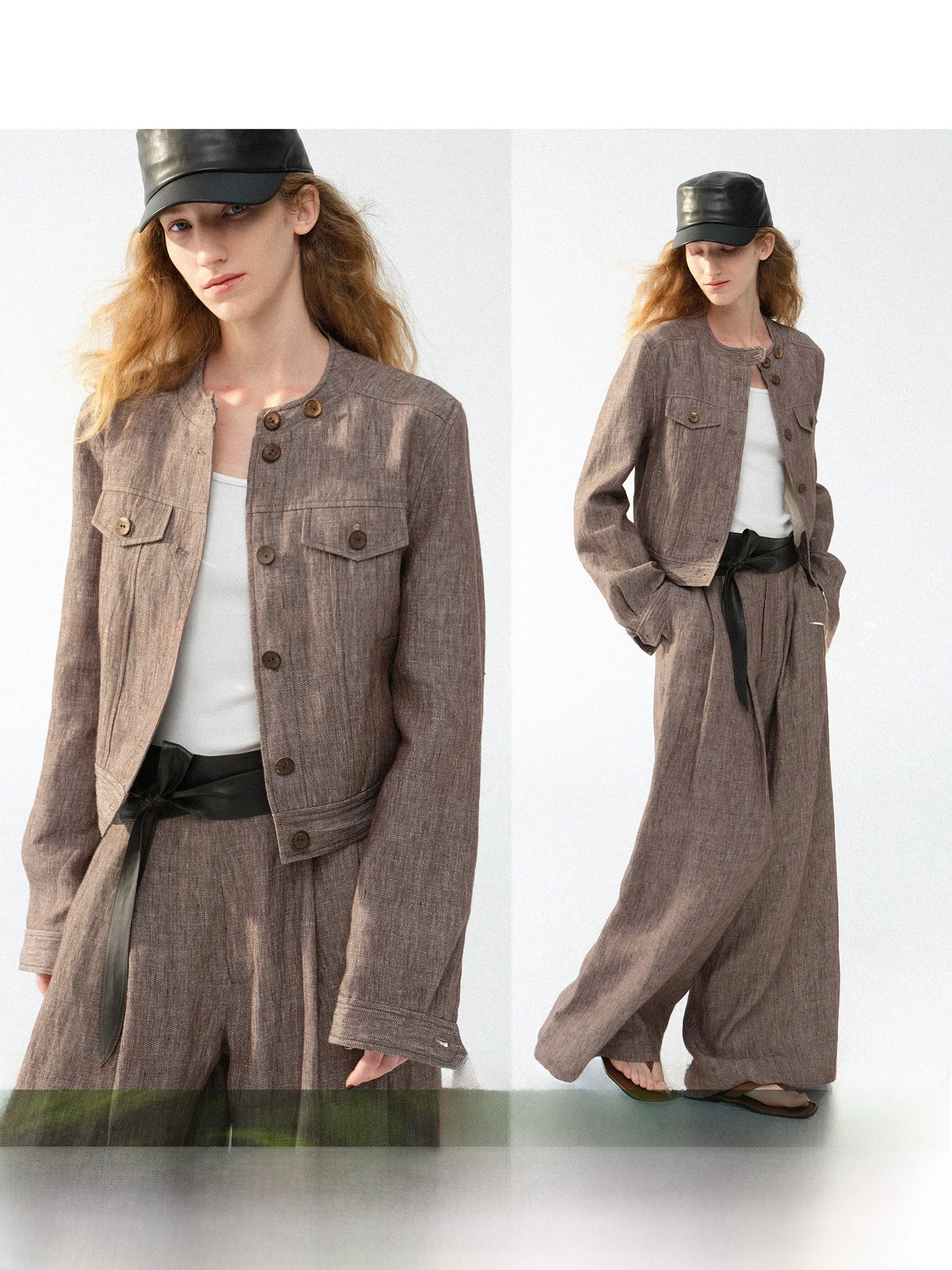 

Pure Linen round Ne ort Jaet Wide Leg Pants Real Leather Waist Seal Casual Sle Women's Set Faionable Spring Outfit