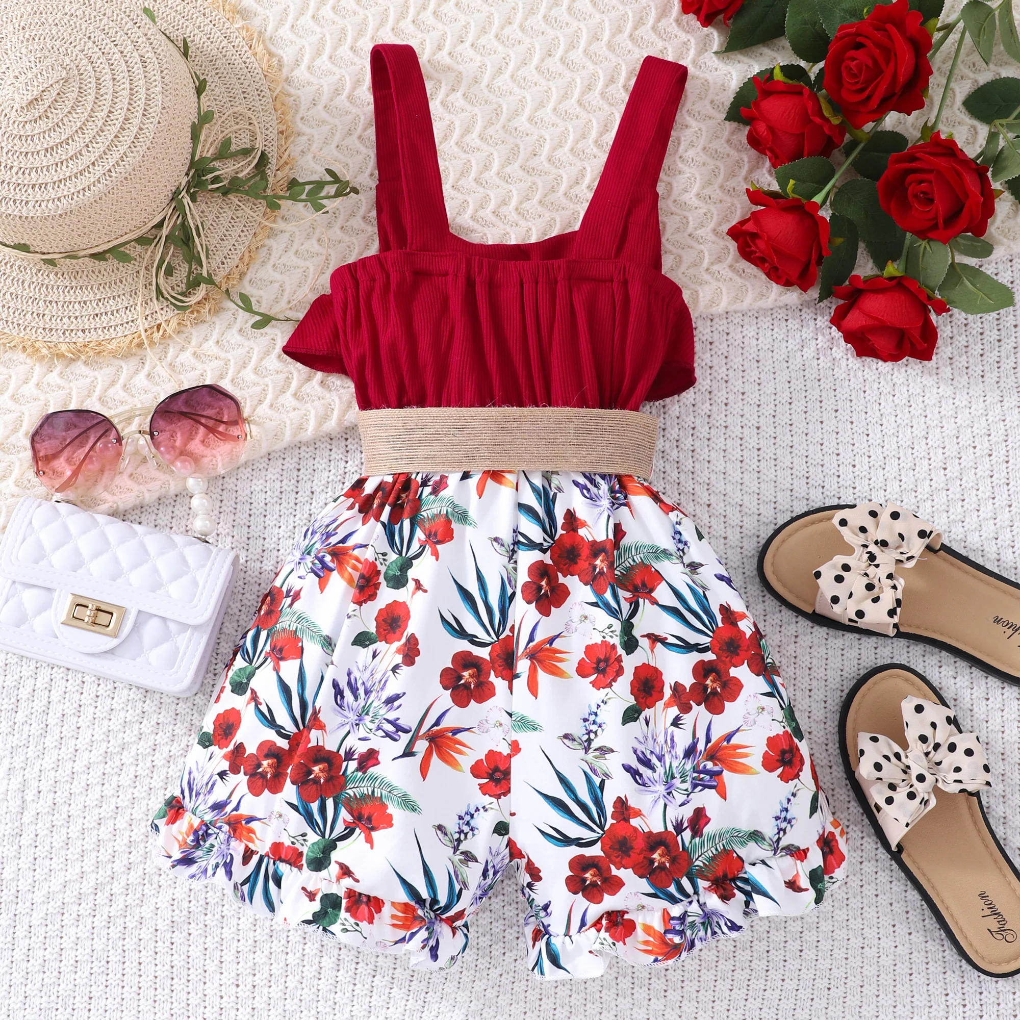 2024 Summer Set Teen Girl Clothes 8 9 10 11 12 Years Old Kids Girl Suit Red Flower Short Sleeves Vest and Shorts Children Outfit