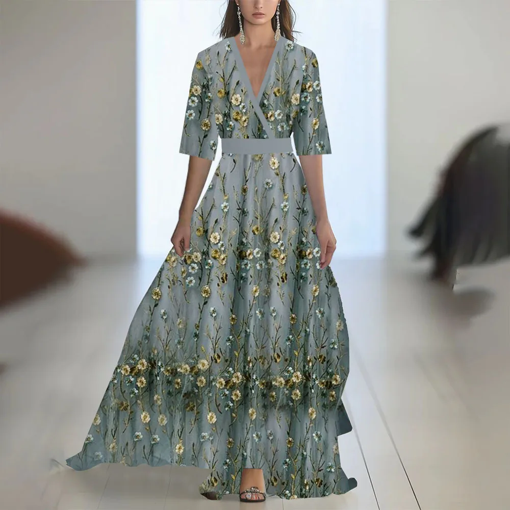 Elegante vintage dames zomer lange jurk met korte mouwen Boho bloemenprint sexy diepe v-hals maxi-jurken dames vestidos zonnejurk