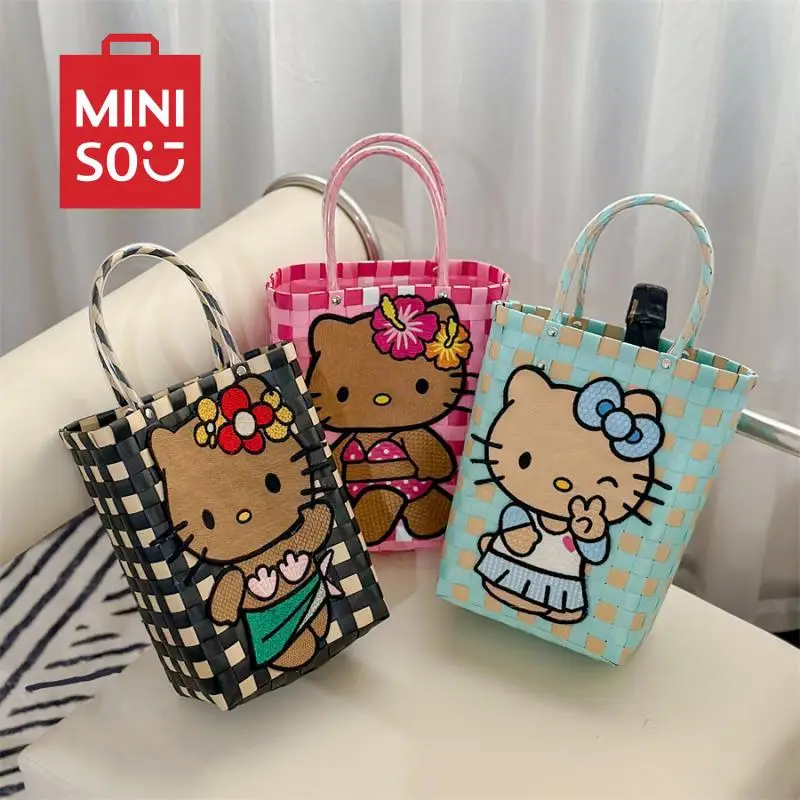 

New Kawaii Anime Sanrio Hawaiian Black Skin Kt Woven Basket Cartoon Cute Miniso Hello Kitty Girls Spicy Girls Atmosphere Handbag