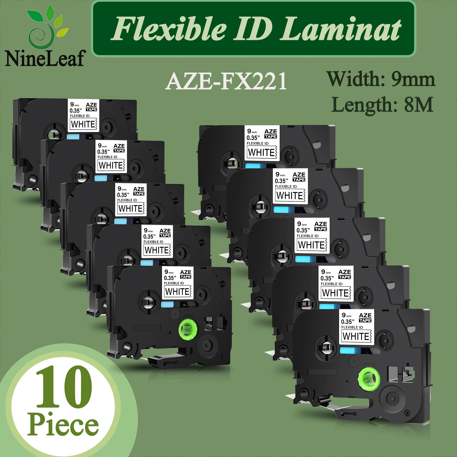 10PK Flexible ID Laminat 9mm Compatible Brother TZE-FX221 Label Tape Black on White Cartridge For P-Touch Label Printer PT-1000