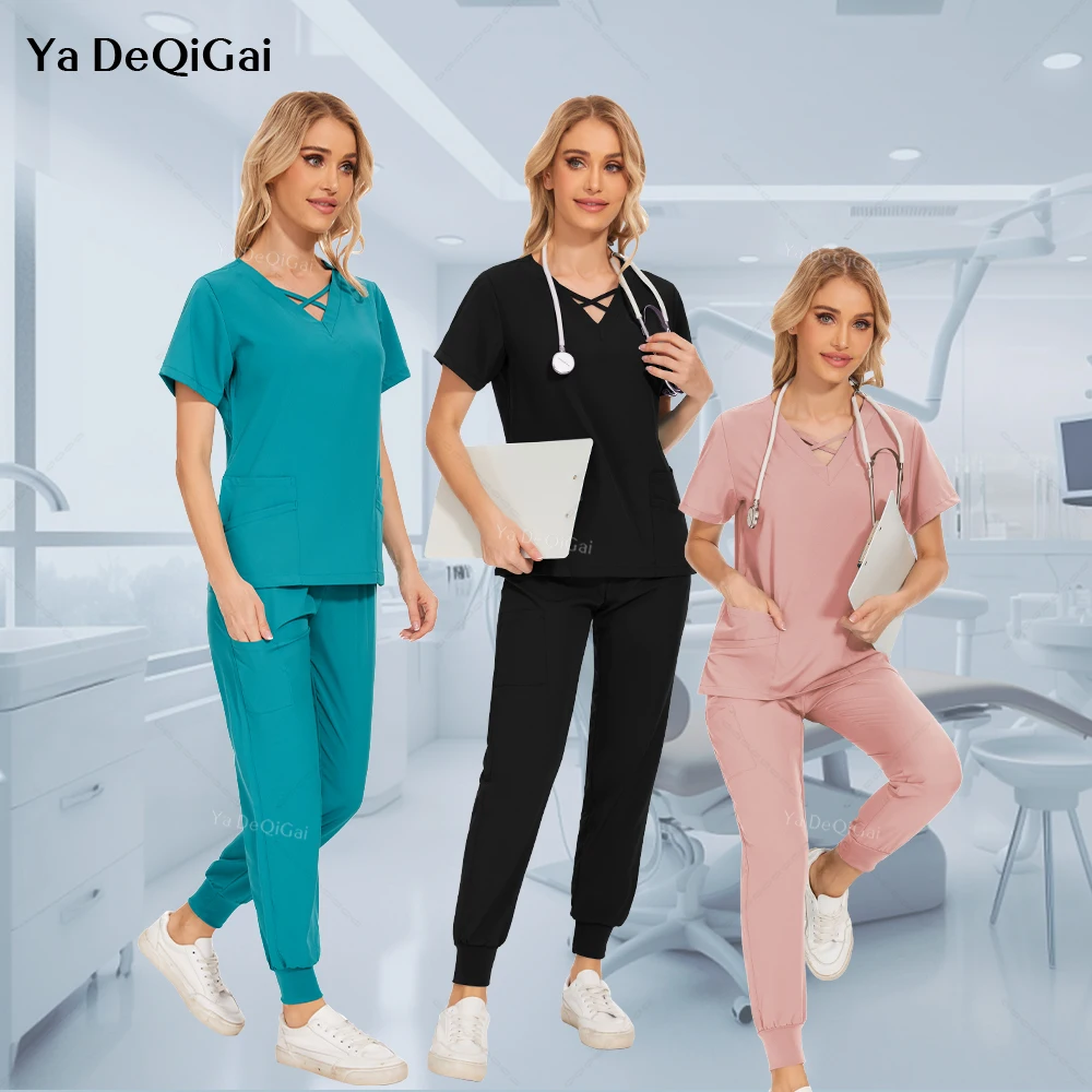 Elástico Respirável Macio Médico Scrubs Set, Uniforme De Salão De Beleza, Magro Enfermeira Uniformes, Tops De Trabalho Clínico, Calças, Acessórios de Moda