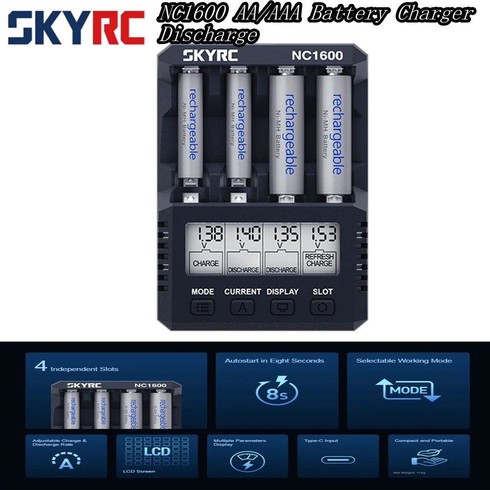 SKYRC NC1600 AA/AAA Battery Charger Discharge for 4 AA NiMH Rechargeable Batteries Recharge Pro Charger for Double A Batteries