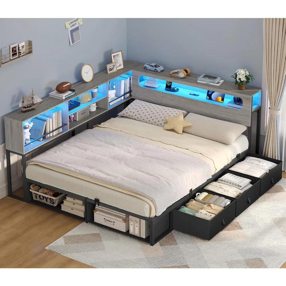 Corner Bed Frame Full Size with Bookcase Storage & RGB Lights, Charging Station, Metal Daybed with 3 Drawers & 2 Open C