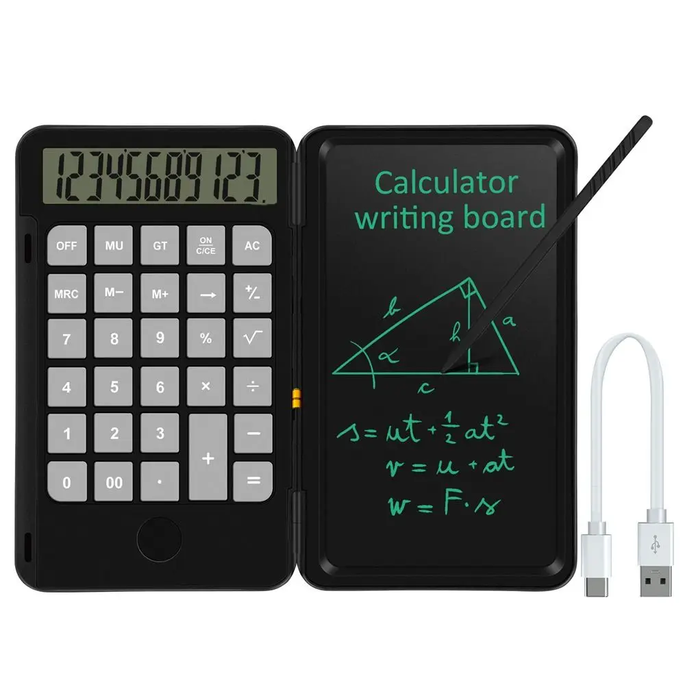 Calculadora científica 2 en 1, pantalla grande, almohadilla de dibujo LCD plegable para oficina, pantalla de 12 dígitos recargable