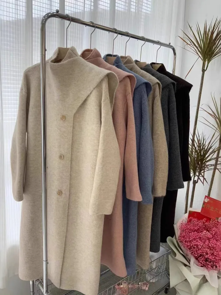 [EWQ] Scarf Collar Single Breasted Long Knitted Cardigan Loose All-match Solid Women Winter Sweater Coat 2024 Autumn New 16O2747