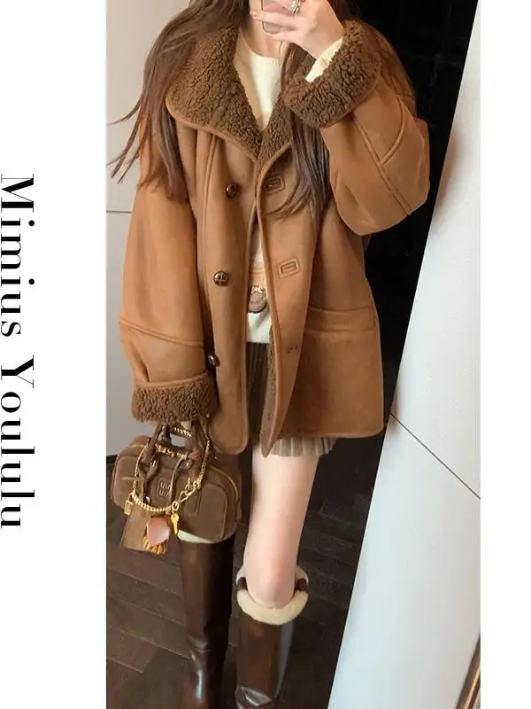 

Retro Coffee Leather Fur Jaet Women's Spring High Quali New Sle Cotton Coat Unique Matching Large Coat Button Design