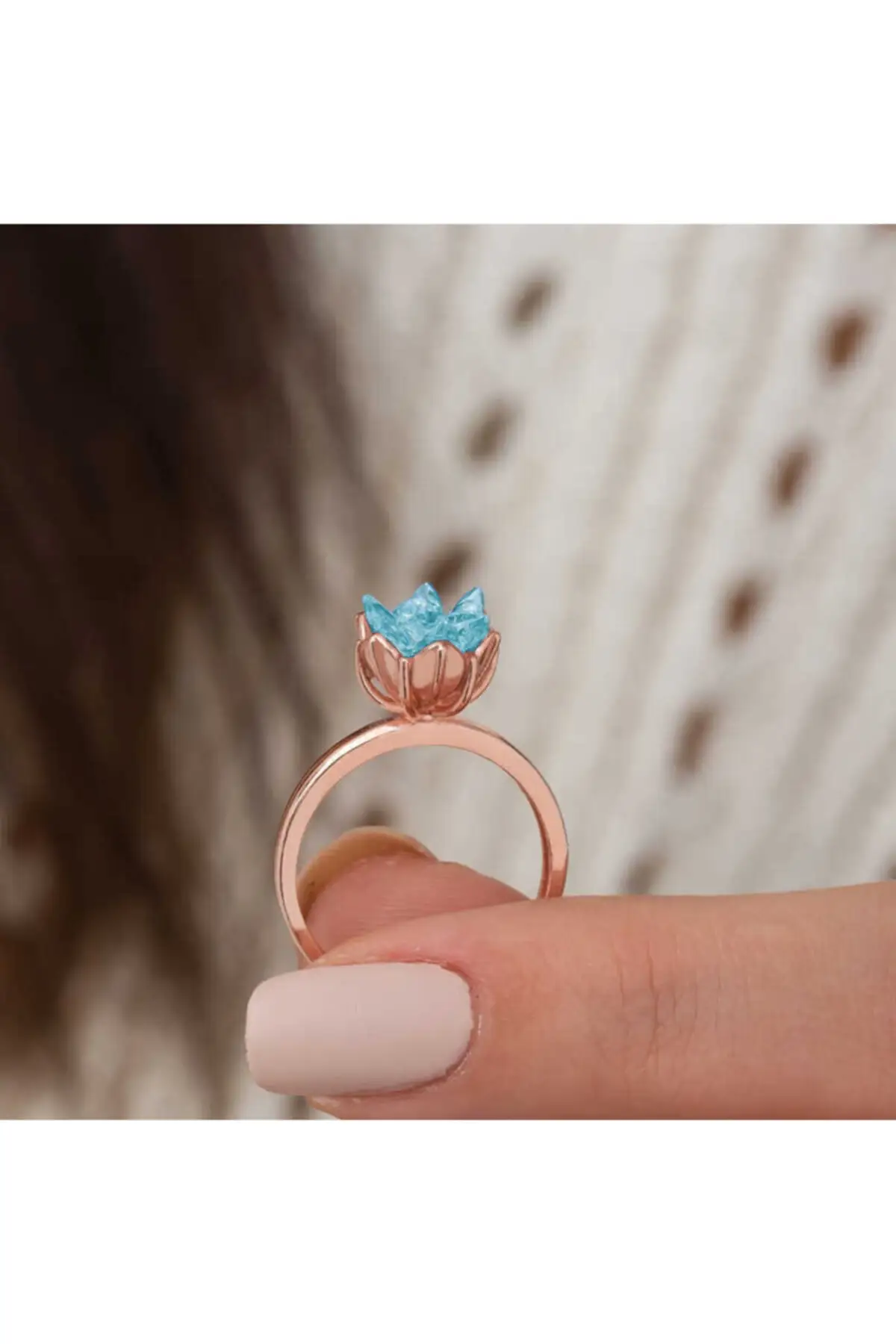 Anillo de flor de loto azul, plata, Rosa