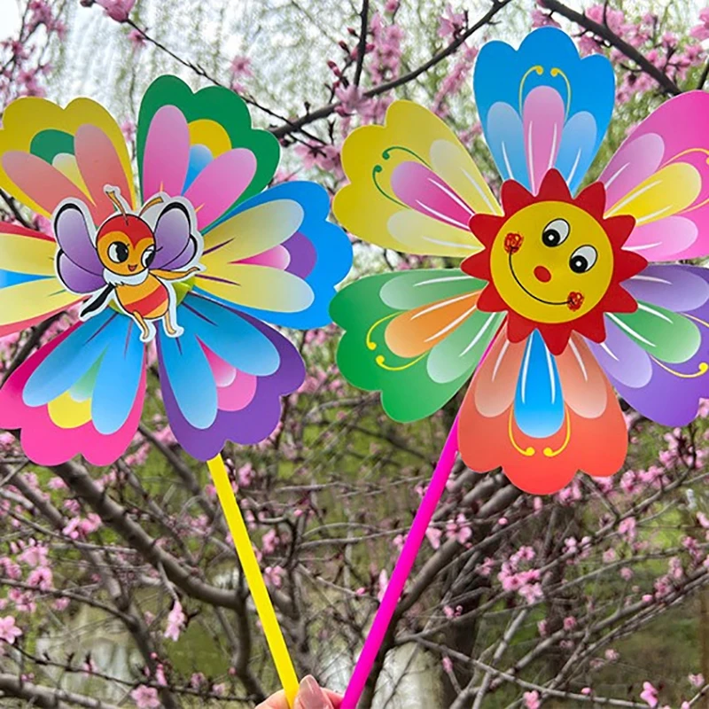 Molino de viento de mano con forma de flor de dibujos animados para niños, 1 piezas, decoración de jardín, hogar, Spinner de viento, decoración de patio, juguete para niños al aire libre