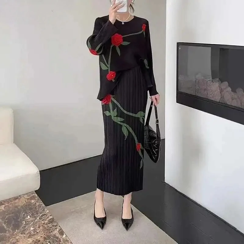 

Fashion Casual Versatile Design Pleated Two Piece Printed Clashing Women's Loose Top Elastic Waist Skirt Miyake New Summer 2025