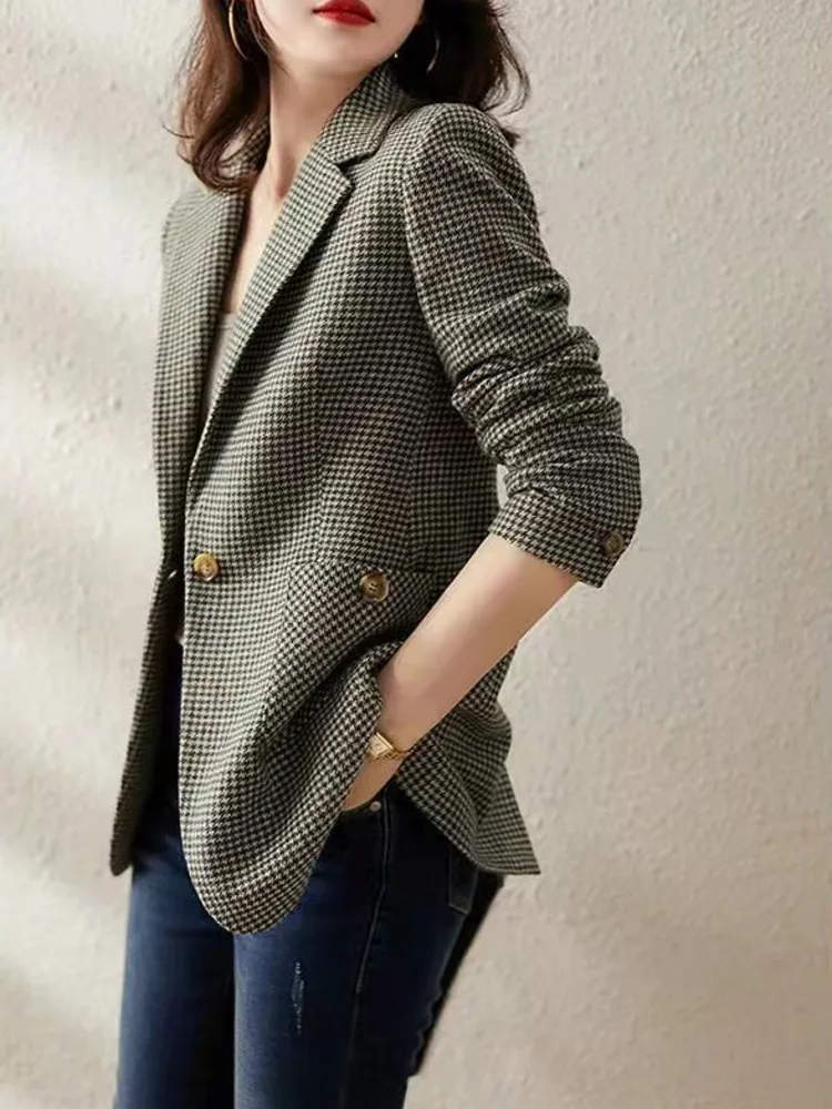 Plaid Women\'s Blazers Single Button Business Vintage Elegant Solid Color Long Sleeve Casual Casual Sweet Coats Autumn