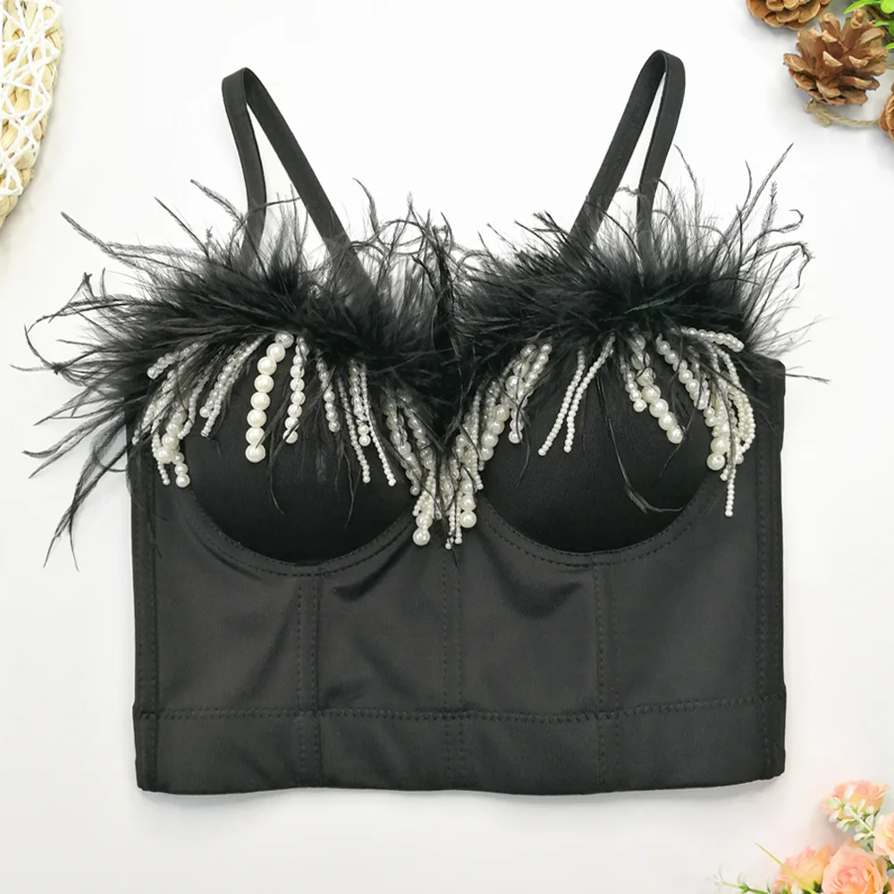 

Женский жилет с перьями для взрослых по индивидуальному заказу, сексуальный топ с открытым пупком, топ с кисточкой из бисера и рыбьей кости, формирующий топ без бретелек, сексуальный бюстгальтер