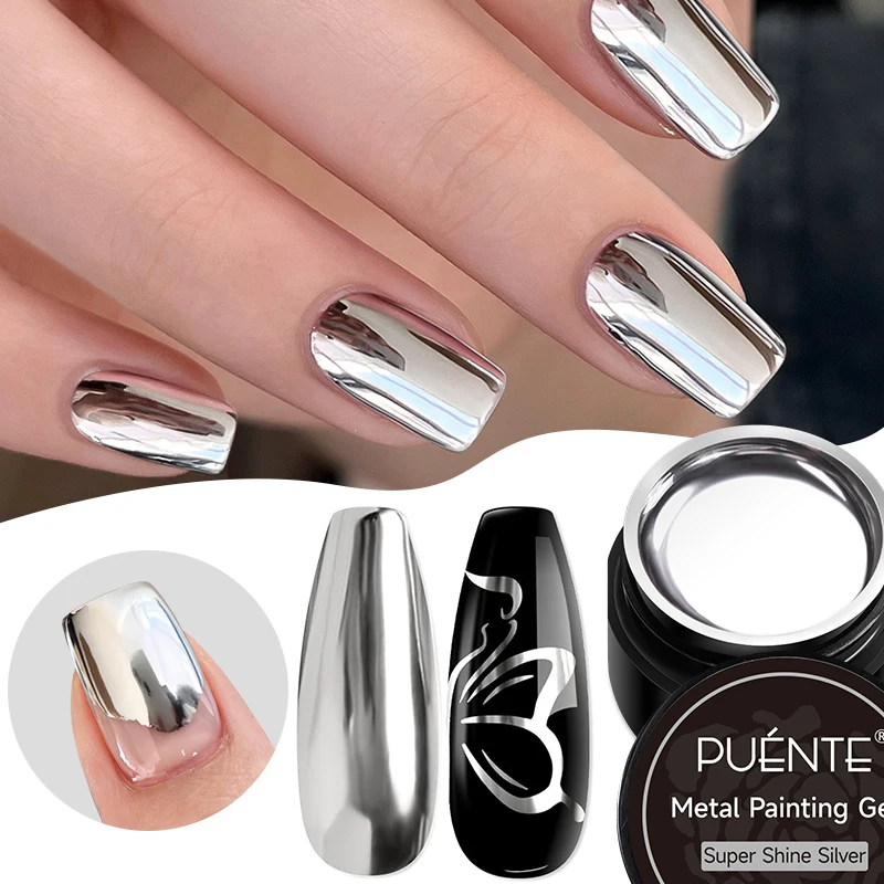 

PUENTE 5ML Metal Painting Gel Nail Polish Super Shine Silvery Mirror Chrome Effect DIY Drawing Line Soak Off UV Nail Art Varnish