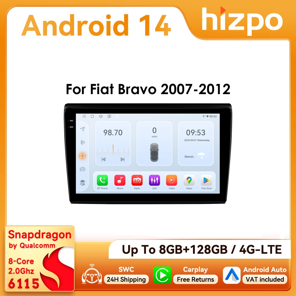 Hizpo 9 Zoll 2Din Android Autoradio für Fiat Bravo 2007–2012 Snapdragon 6115 GPS RDS DSP 4G BT SWC Auto CarPlay 360 ° CAM