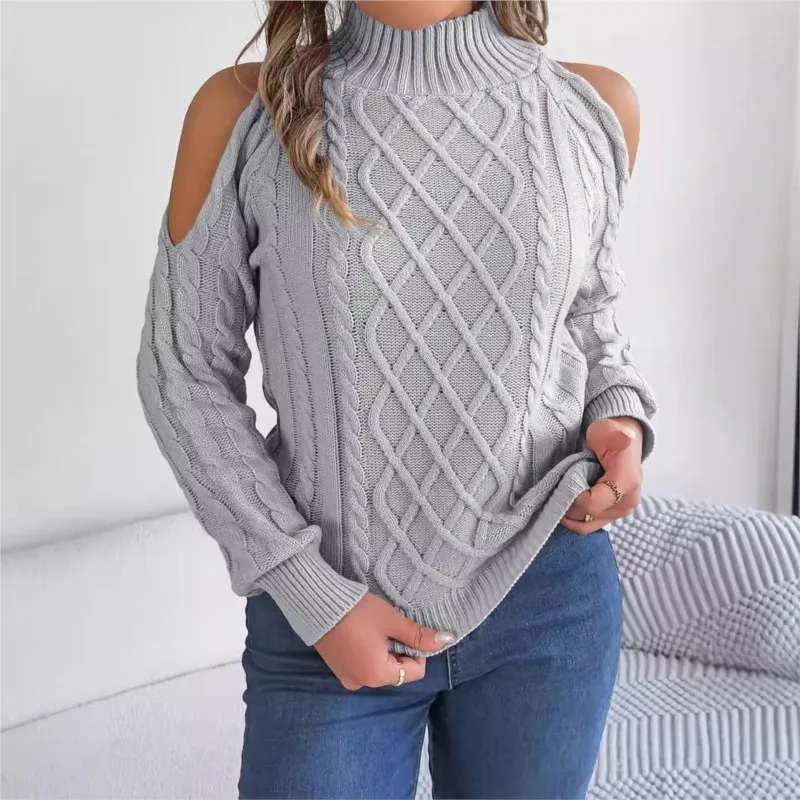 Women's Knitting Sweater Autumn/Winter 2024 Casual Fried Dough Twists Off Shoulder Half High Collar Long Sleeve Pullover Sweater