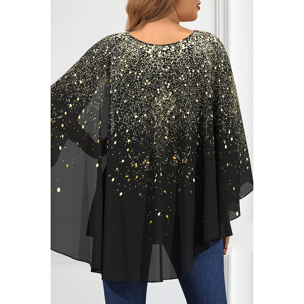 Plus Size Chic Zwart Chiffon Sprankelende Pailletten Bronzing Print Cape Mouw Blouse Ronde Hals Tops